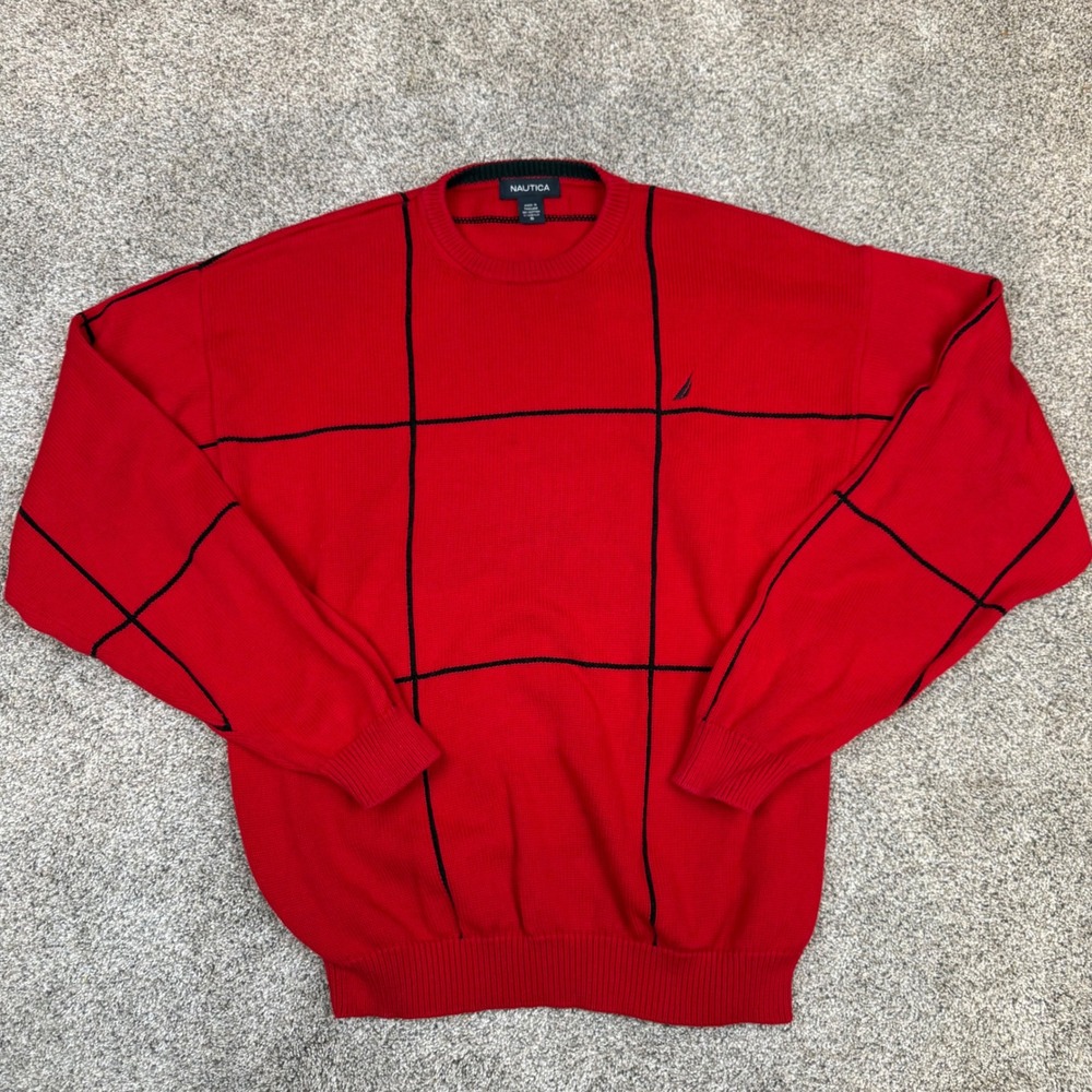 Nautica Mens Red Black Grid Crewneck Sweater Cotton‎ Blend Logo Size Small